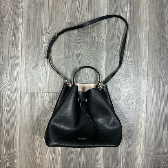 Kate Spade Eva Large Black Leather Bucket Bag Gold Hardware Structured Tote - Picture 1 of 5